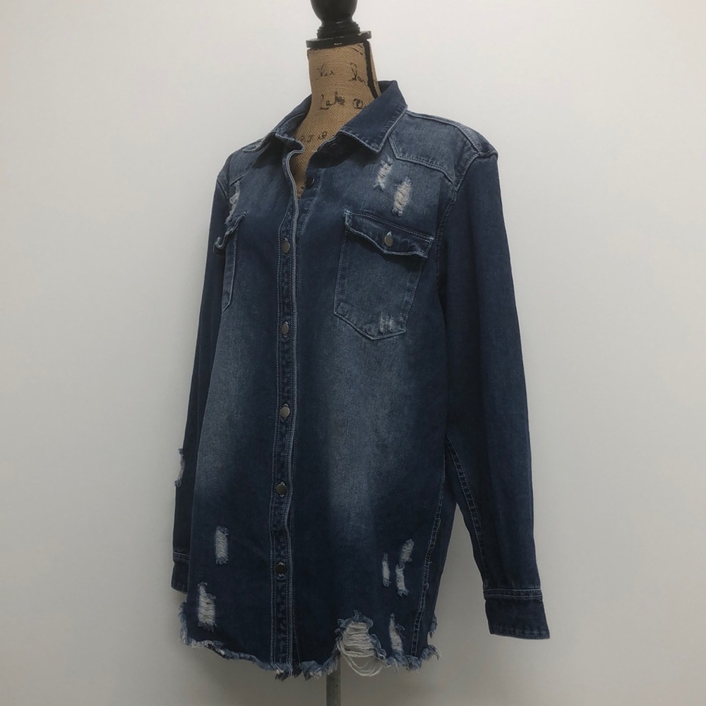 American Bazi Distressed Long Denim Jean Jacket Shacket Size 2XL
